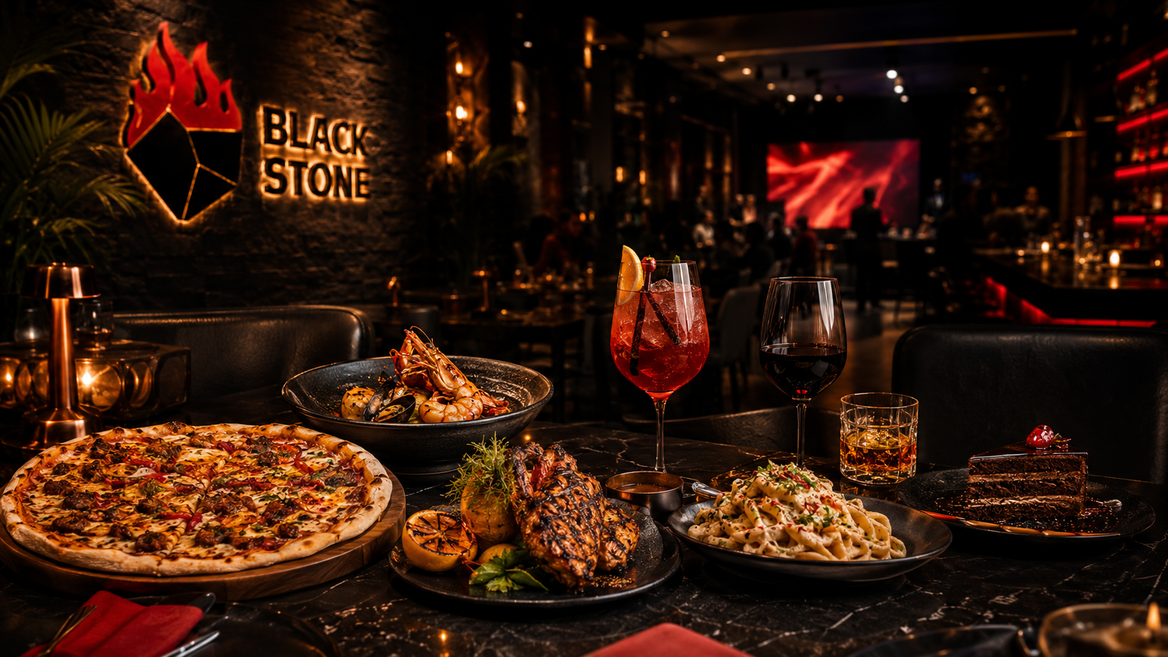 Blackstone-style food spread with pizza pasta seafood grilled food and drinks