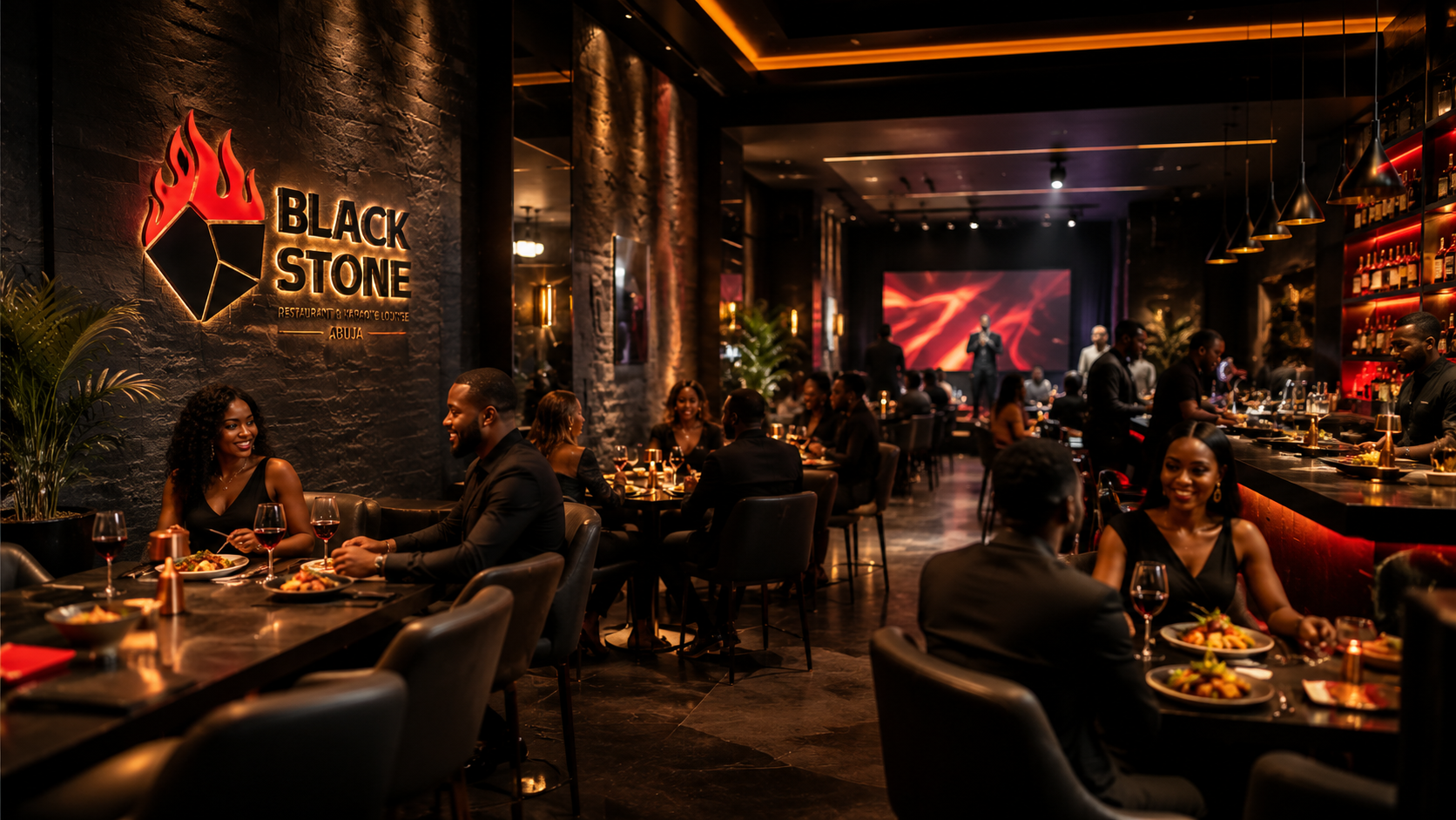 Premium Blackstone restaurant lounge interior with Nigerian guests dining
